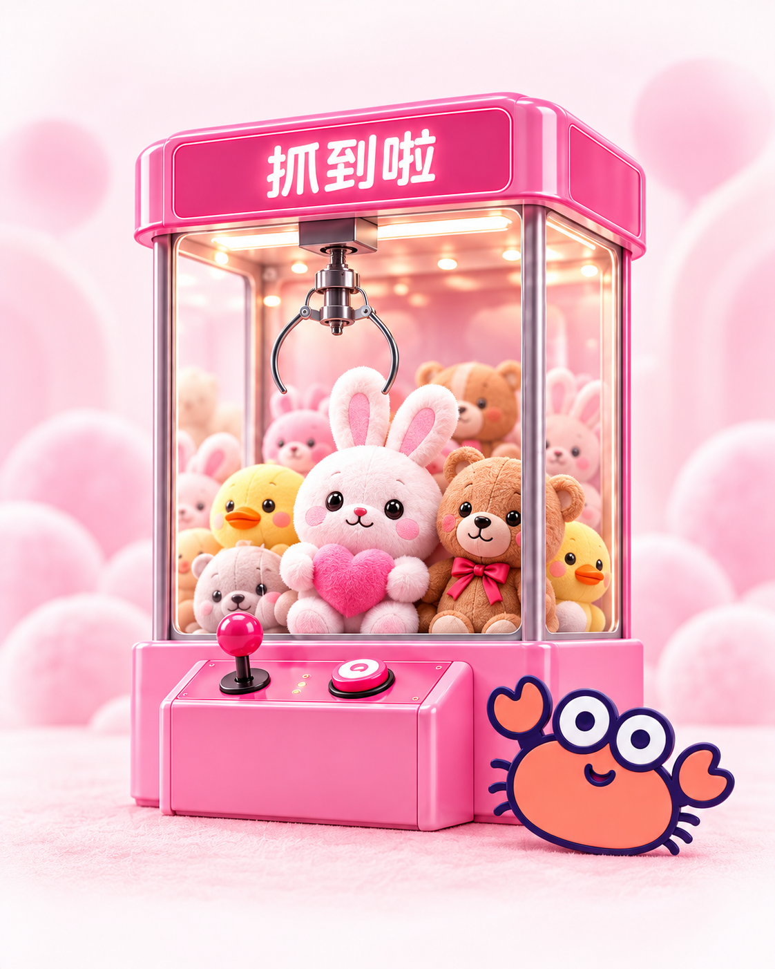 装满毛绒娃娃的粉色娃娃机，螃蟹开心挥钳欢迎
