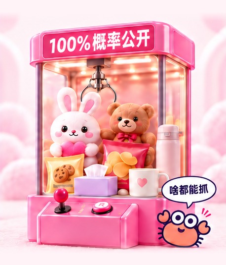 粉色娃娃机标注100%概率公开，装有毛绒娃娃、零食和生活礼品，小螃蟹说啥都能抓